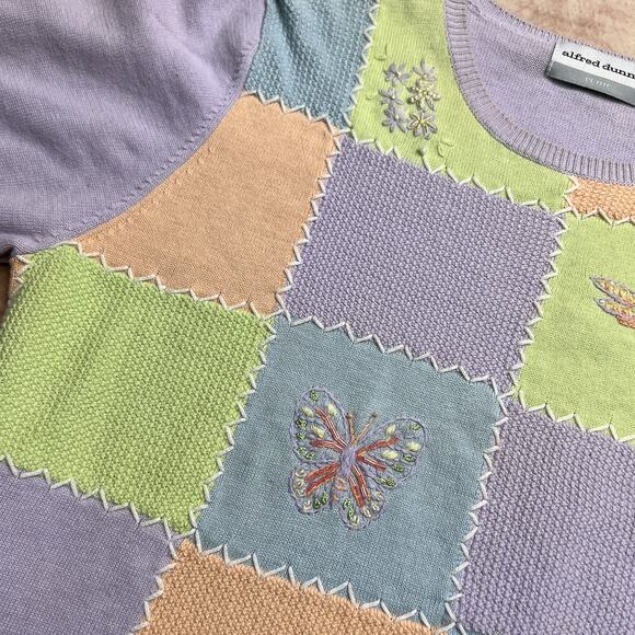 Vintage 90s Alfred Dunner Patchwork Beaded Butterfly Short Sleeve Sweater Pastel - Picture 6 of 7